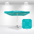 A teal square market umbrella with a central pole and a base, featuring a logo on the canopy.