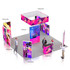 A vibrant exhibition booth featuring pink, purple, and blue displays, showcasing various promotional panels and a central display.