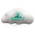 An inflatable white cloud balloon with a logo featuring green mountains and text. It has attached strings for stability.