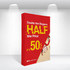 A red fabric popup display with a promotional design featuring a logo, showcasing a sale message and product images.