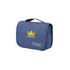 A blue hanging toiletry bag featuring a handle and a logo, designed for organising personal care items.