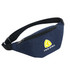 A navy blue bum bag with a black strap, featuring a logo on the front and a zippered compartment. A navy blue bum bag with a black strap, featuring a logo on the front and a zippered compartment.