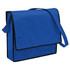 A blue non-woven sling bag with a black trim and adjustable strap. It features a flap closure and a logo. A blue non-woven sling bag with a black trim and adjustable strap. It features a flap closure and a logo.