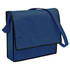 A blue non-woven sling bag with a flap closure and an adjustable strap. It features a logo on the front. A blue non-woven sling bag with a flap closure and an adjustable strap. It features a logo on the front.