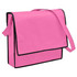 A pink non-woven sling bag with a flap closing and a black trim, featuring an adjustable shoulder strap. A pink non-woven sling bag with a flap closing and a black trim, featuring an adjustable shoulder strap.
