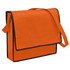 An orange non-woven sling bag with a black trim and a flap closure, featuring an adjustable strap. An orange non-woven sling bag with a black trim and a flap closure, featuring an adjustable strap.