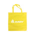 A yellow non-woven foldable bag featuring a logo on the front and two shoulder straps. A yellow non-woven foldable bag featuring a logo on the front and two shoulder straps.