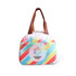 A waterproof RPET cooler bag in pastel colours with striped patterns and a brown handle, featuring a logo.