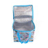 A polyester cooler bag in blue, featuring a colourful pattern and a silver insulated interior. It has a zip closure and handles.