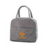 A grey cooler lunch bag with two handles and a logo on the front. The material has a textured appearance.