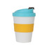 A 250ml small glossy coffee cup in white with a turquoise lid and a yellow silicone band, featuring a logo.