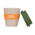 A reusable coffee cup made from natural rice husk fibre, featuring a cream body, orange band, and green lid.