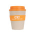 A natural rice husk fibre coffee cup in beige with an orange lid and sleeve, featuring a logo.