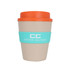 A reusable coffee cup made from natural rice husk fibre, featuring a beige body with an orange lid and a turquoise band.