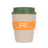 A reusable coffee cup made from natural rice husk fibre, featuring a beige body, green lid, and orange grip.