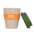 A reusable coffee cup in natural beige with an orange sleeve and green lid, featuring a logo on the side.