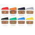 A collection of eight 8 oz reusable glass coffee cups with cork bands, featuring various coloured lids and a logo.