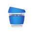 A reusable glass coffee cup featuring a clear body with a blue silicone sleeve and lid.
