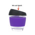 A drink bottle features a reusable glass coffee cup with a purple silicone sleeve and a black lid. It has a logo.