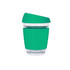 A drink bottle featuring a reusable 12 oz glass coffee cup in vibrant green, with a silicone sleeve and lid.