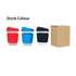 A drink bottle featuring three reusable glass coffee cups in red, blue, and black, alongside a plain cardboard box.