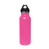 A drink bottle featuring a bright pink exterior and a black lid, designed with double wall vacuum insulation.