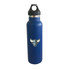 A drink bottle in navy blue with a black lid and a logo on the front. It features a double wall vacuum design.