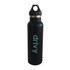 A drink bottle in matte black with a stainless steel band and a PP lid, featuring a logo. Capacity of 600ml.