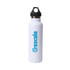 A drink bottle in white with a black lid and a logo, featuring double wall vacuum insulation.