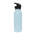 A drink bottle in light blue with a black flip valve lid and a logo. Suitable for both hot and cold beverages.