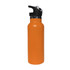 A drink bottle in vibrant orange with a black flip valve lid and a logo on the body.