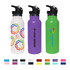 A drink bottle collection featuring white, purple, and pink bottles with flip valve lids and various logos.