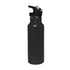 A drink bottle featuring a sleek black design, double wall insulation, and a flip valve lid. It includes a logo.