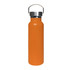 A drink bottle in vibrant orange with a stainless steel lid and a handle, designed for vacuum insulation.