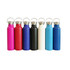 A drink bottle collection featuring pink, red, black, white, and blue options with stainless steel lids and a logo.
