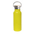A drink bottle in bright yellow with a bamboo lid and a stainless steel handle, featuring a logo.