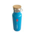 A drink bottle in blue with a bamboo lid and a silver handle, featuring a logo.