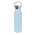A drink bottle in light blue with a stainless steel base and a bamboo lid. It features a metal handle.