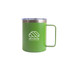 A green stainless steel mug with a clear lid and a handle, featuring a logo on the front.