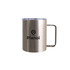 A stainless steel mug with a smooth finish, featuring a clear lid and a handle. It has a logo on the front.
