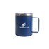 A coloured stainless steel mug in a deep blue finish, featuring a stainless steel lid and a handle, with a logo.
