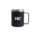 A coloured stainless steel mug in matte black with a silver lid and a handle, featuring a logo.