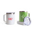 A stainless steel mug set in white and green, featuring a clear lid and a logo on one mug.