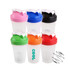 A drink bottle set featuring six BPA free fitness shaker bottles in pink, blue, black, green, orange, and red, with a metal whisk.