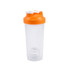 A drink bottle featuring a transparent body with an orange lid, designed for mixing protein shakes.