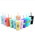 A collection of 16oz matte plastic cups in various pastel colours with lids and straws, featuring different logos.