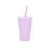 A matte lavender plastic cup with a lid and a straw, designed for beverages. Features a logo.