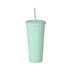 A mint green 24oz matte plastic cup with a lid and straw, featuring a branding logo.