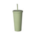 A drink cup in a matte sage green colour with a lid and straw, featuring a logo.