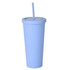 A matte plastic cup in light blue with a lid and straw, ideal for beverages. Includes a branding logo.